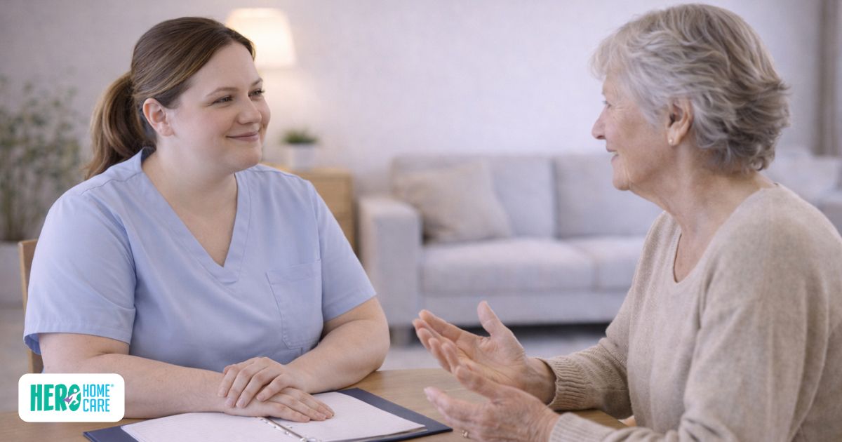 Hiring in-home care by meeting with a professional caregiver to discuss needs and care options for an elderly woman at home