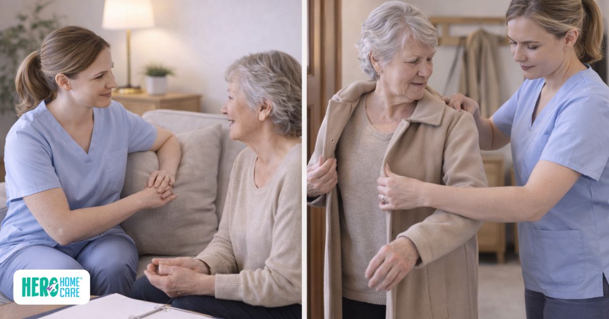 A caregiver adjusting care tasks and communication to support an elderly woman at home, demonstrating flexibility in caregiving