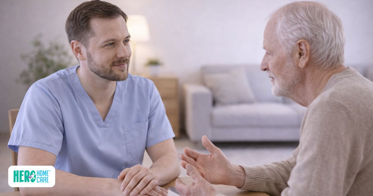 A caregiver attentively listening to an elderly man at home, showing how effective communication helps find the perfect caregiver
