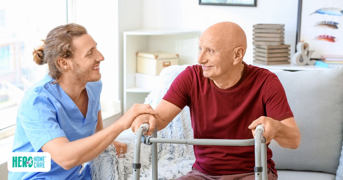 A caregiver assisting a senior with a walker at home, demonstrating the physical capabilities of a caregiver during daily mobility support