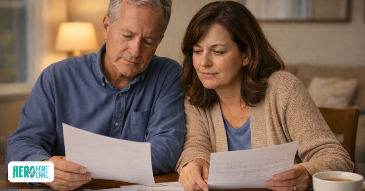 Factors to consider when deciding between home care vs. a long-term care facility, shown by a couple reviewing care-related documents at home