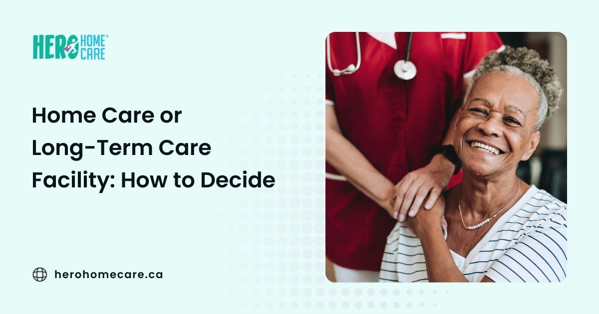 Home care vs. long-term care facility decision illustrated by a senior receiving professional caregiver support in a comfortable home setting