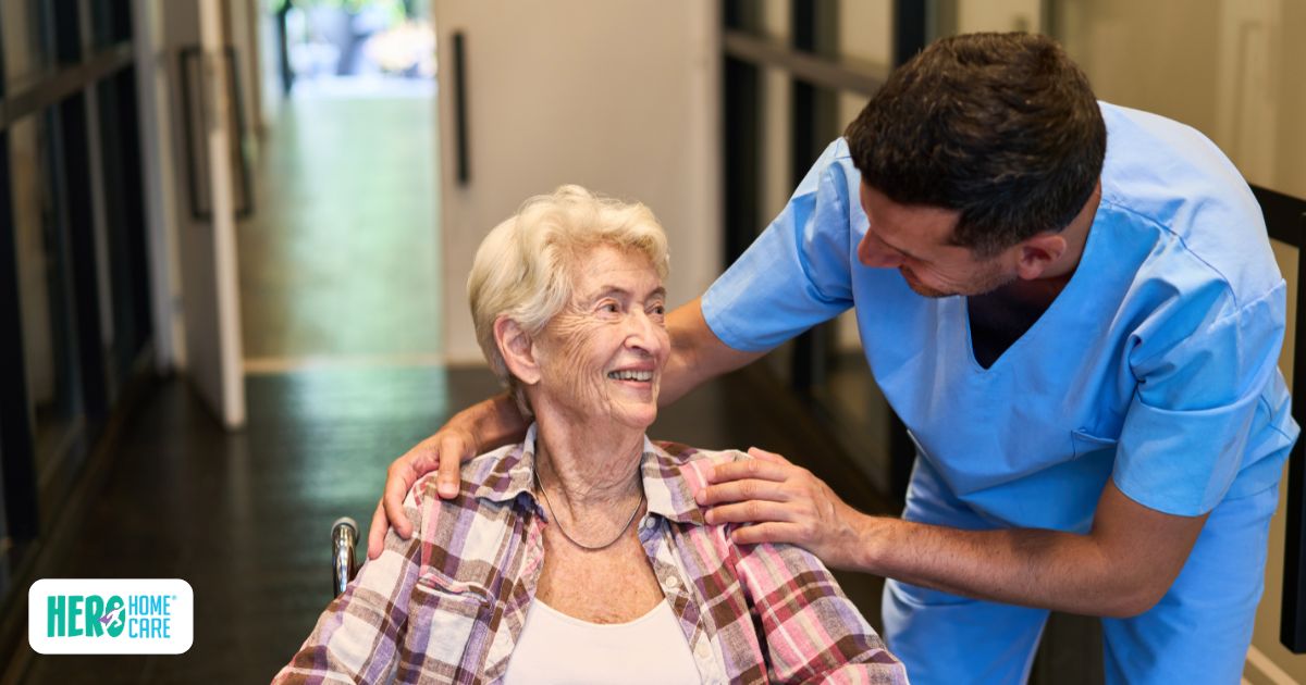Long-term home care shown through a professional caregiver providing ongoing support and companionship to an elderly woman at home
