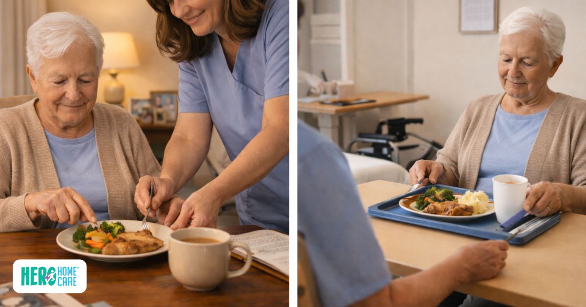 Home care vs a long-term care facility comparison showing an older adult receiving meal assistance at home versus eating in a care facility