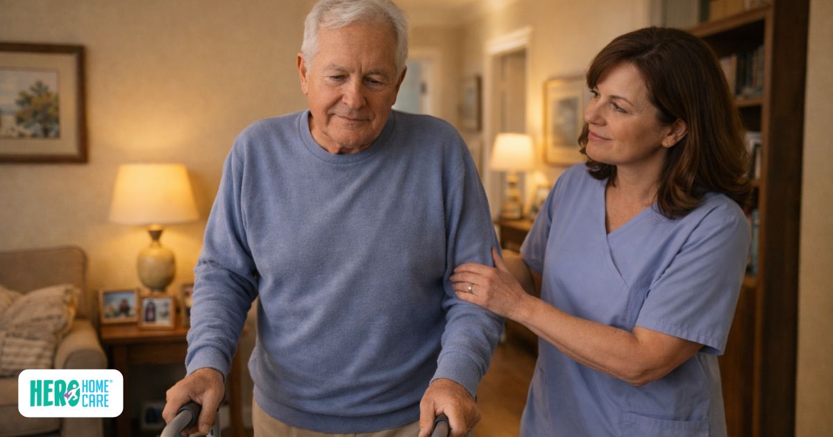 Home care vs long-term care facility comparison, showing a caregiver assisting an older adult with mobility at home