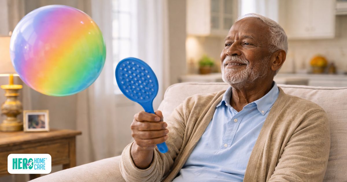 Older man playing balloon tennis for seniors indoors using a lightweight paddle