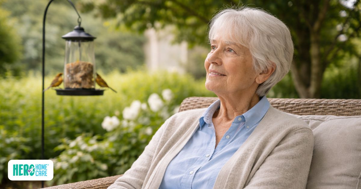 Older adult enjoying bird watching on a patio.