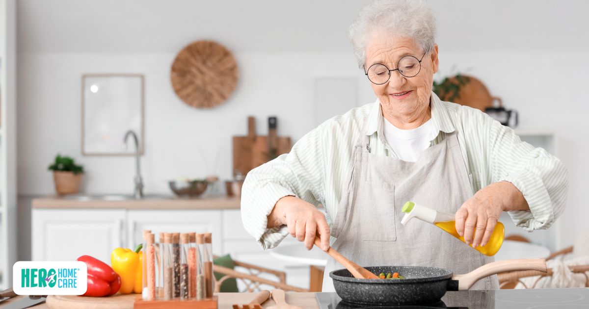 Older woman cooking a healthy meal at home as part of healthy activities for seniors