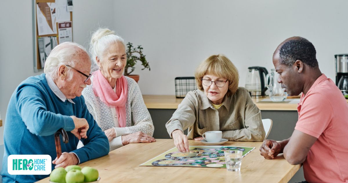 Seniors gathered around a table participating in interactive games for seniors