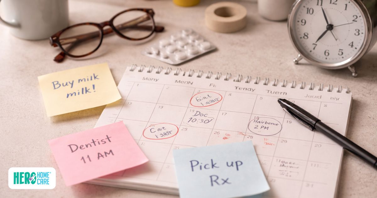 Memory issues in an elderly parent, shown by missed appointments and reminders at home.