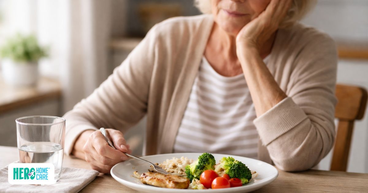 An older adult sitting at the table with a small meal, highlighting appetite and weight changes in aging.