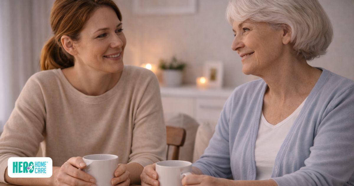  Caregiver and elderly family member sharing a quiet smile over coffee, reflecting the importance to celebrate small victories in caregiving.