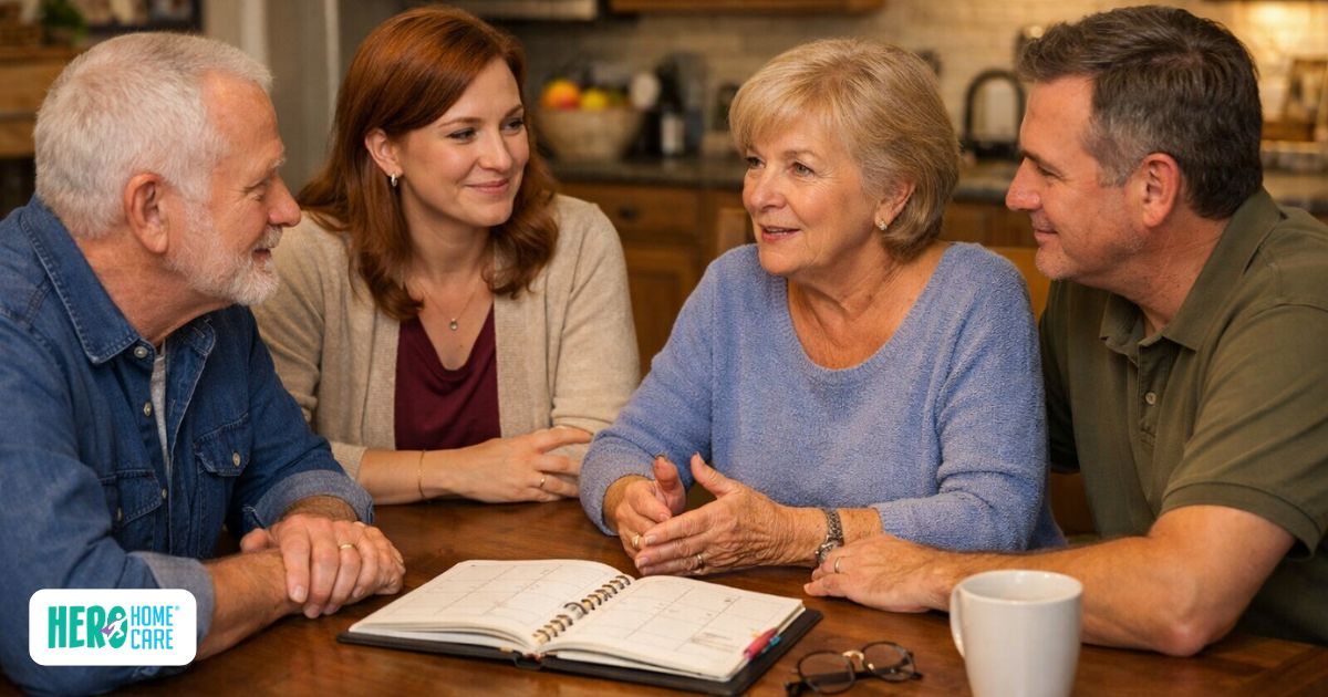 Family members gathered around a table planning care together, showing how to create a village of support for avoiding caregiver burnout.