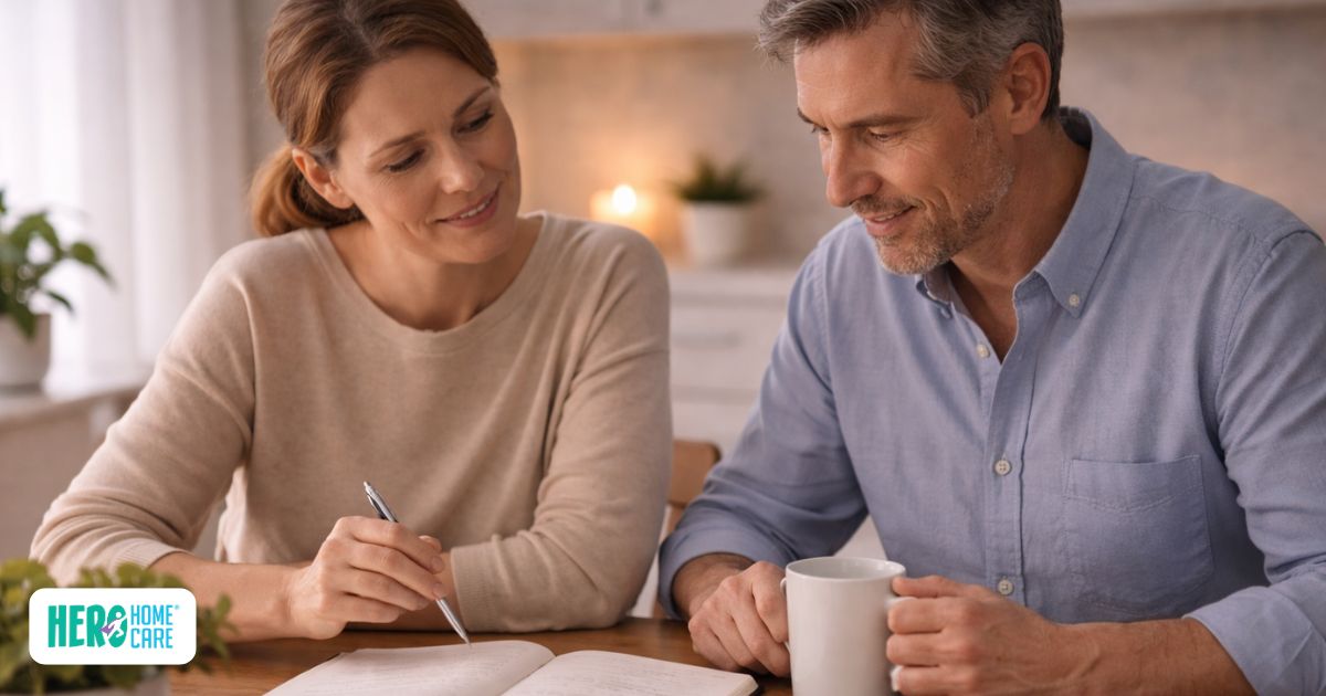 Two family members reviewing notes together at a table, showing the importance of having clear caregiving roles and shared responsibilities.