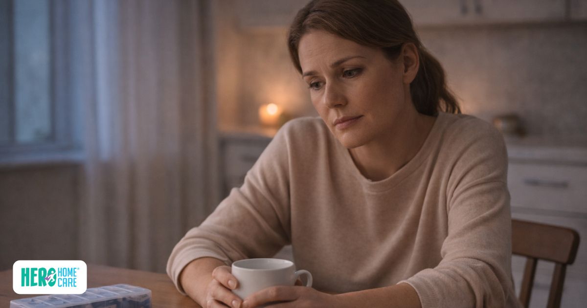Caregiver sitting alone at a kitchen table holding a mug, reflecting quiet emotional fatigue associated with caregiver burnout.
