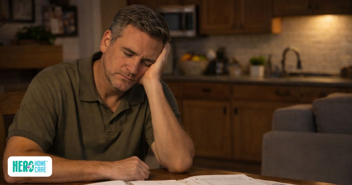Caregiver sitting at a table feeling overwhelmed while reviewing paperwork, highlighting the importance of addressing caregiving burnout.