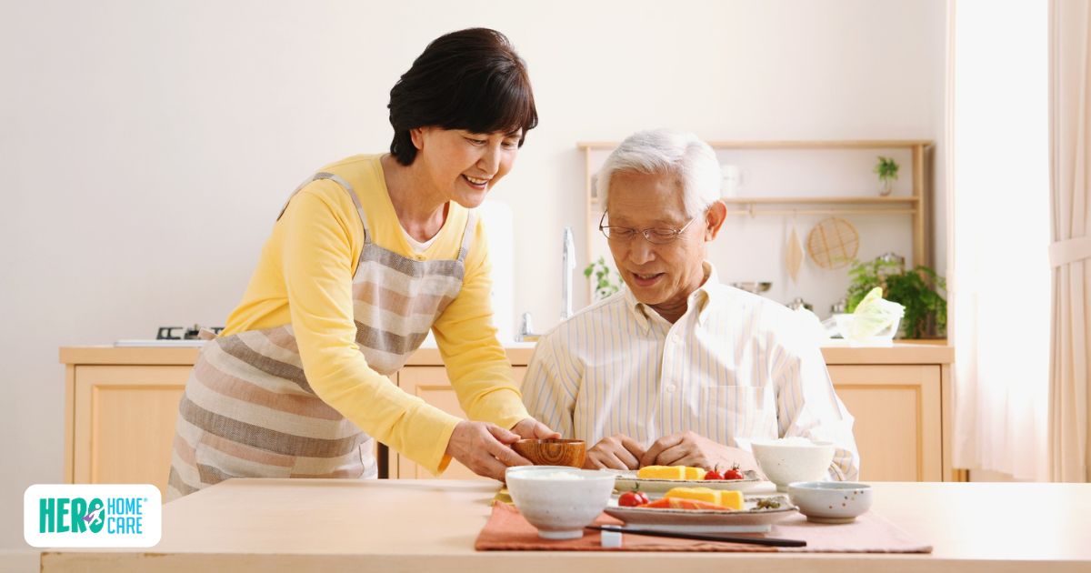  In-home caregiver assisting a senior with meal preparation and balanced nutrition during daily care routines.