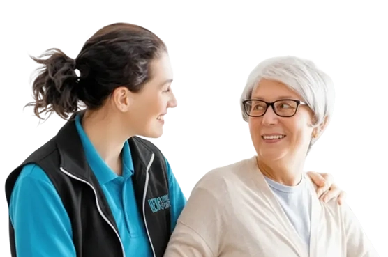 Senior and caregiver talking during a free in-home Care Consult