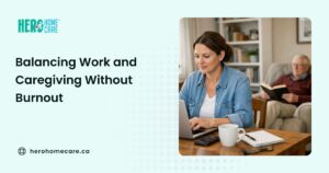 Adult daughter working on laptop at home while caregiving for elderly father in background.