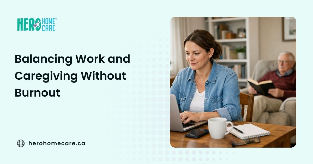 Adult daughter working on laptop at home while caregiving for elderly father in background.