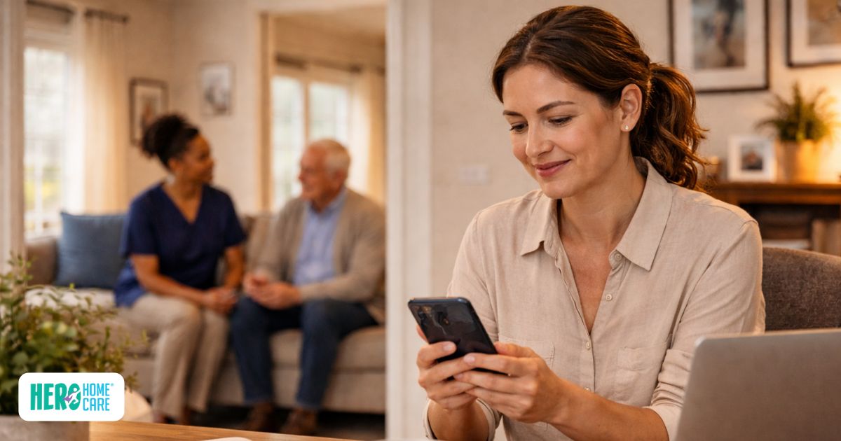Home care aide assisting senior while working family member manages responsibilities.