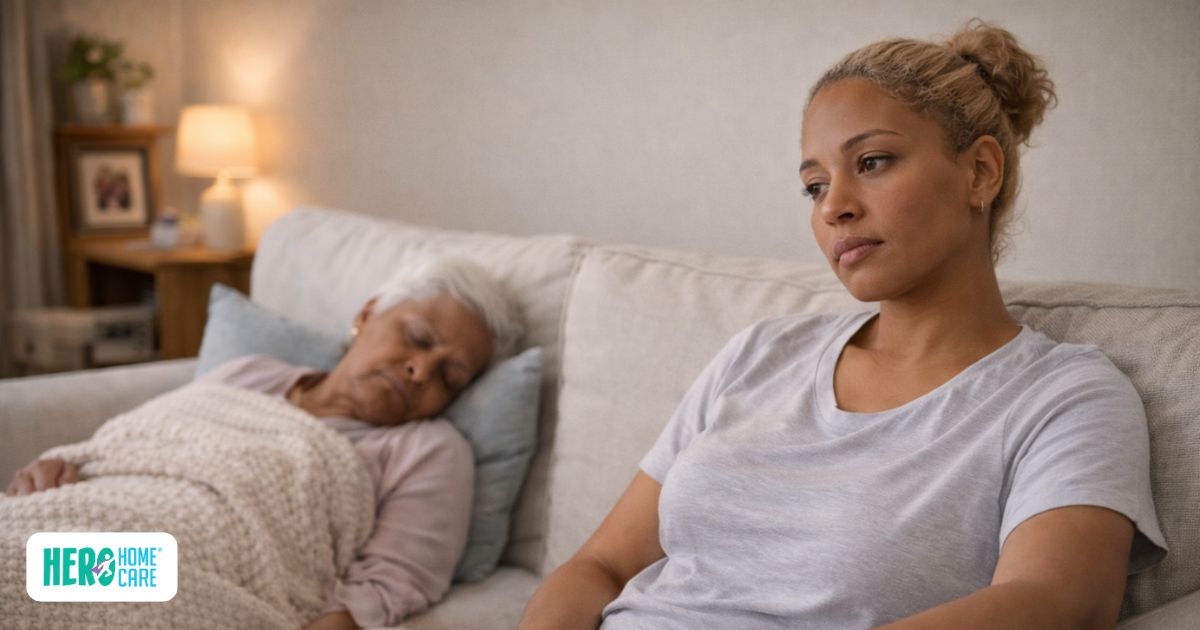 Adult daughter sitting on a couch looking thoughtful while an elderly parent rests beside her, illustrating reasons of caregiver guilt in a home setting.