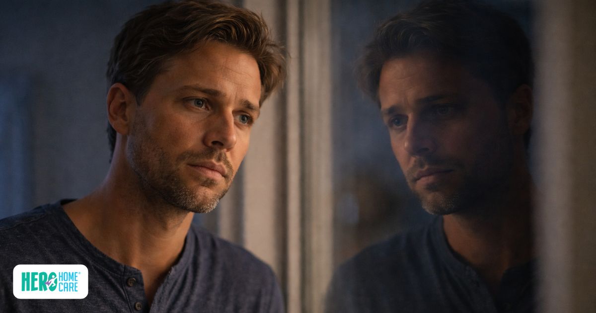 Caregiver standing quietly by a window at night, showing caregiver guilt impact on emotional well-being and internal stress.