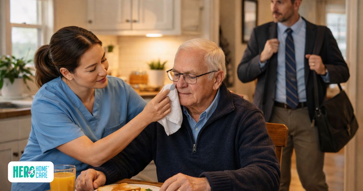 Professional caregiver assisting senior at home while family member prepares for work