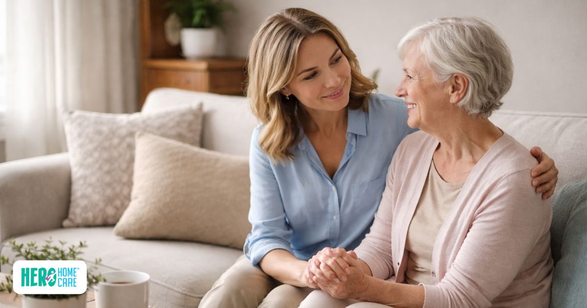 Daughter sitting closely with her elderly mother on a couch, holding her hands in a reassuring moment that reflects caregiver guilt and emotional support.