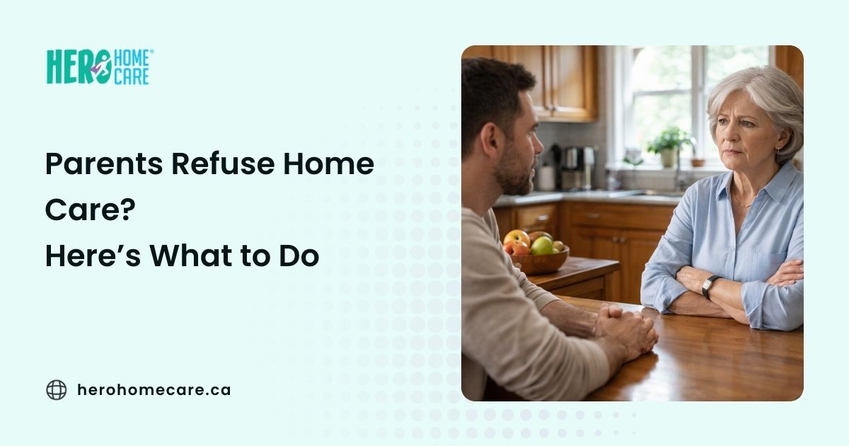 Elderly parents refuse home care while discussing concerns with an adult child at the kitchen table.