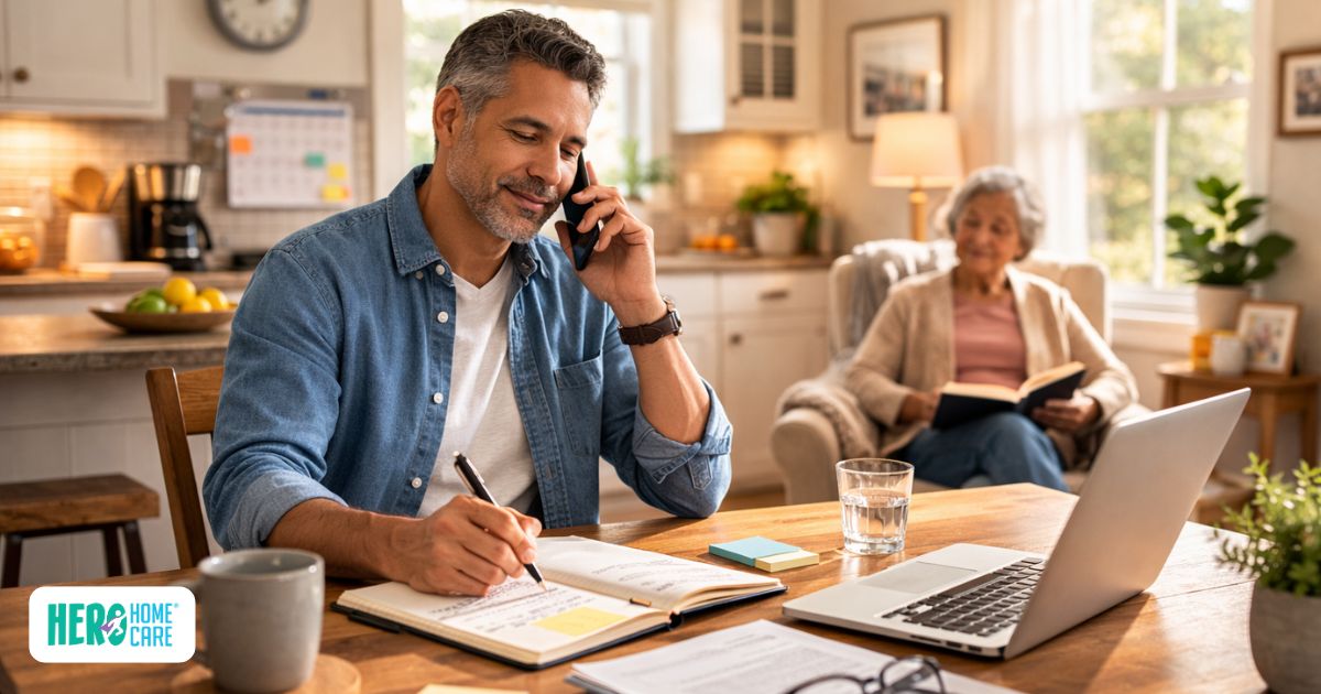 Family caregiver working from home while supporting elderly mother in the same household.