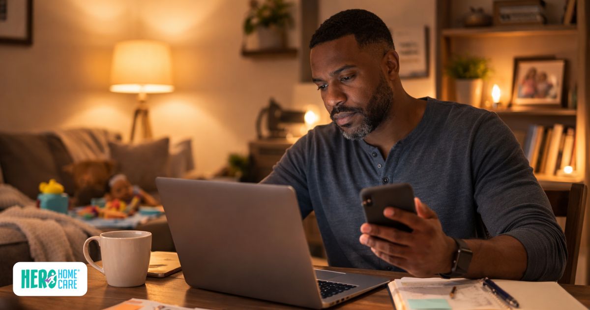 Man sitting at a table with a laptop and phone in a softly lit home, illustrating signs of experiencing caregiver guilt and feeling pulled between responsibilities.
