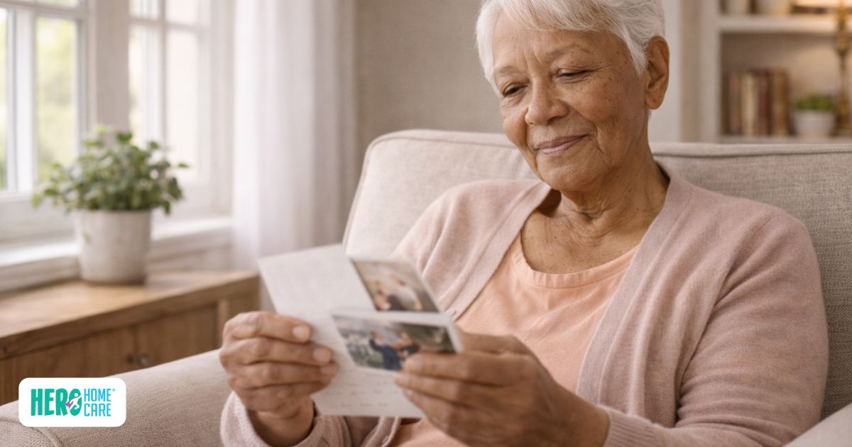 Senior woman at home looking at family photos while staying connected with distant children