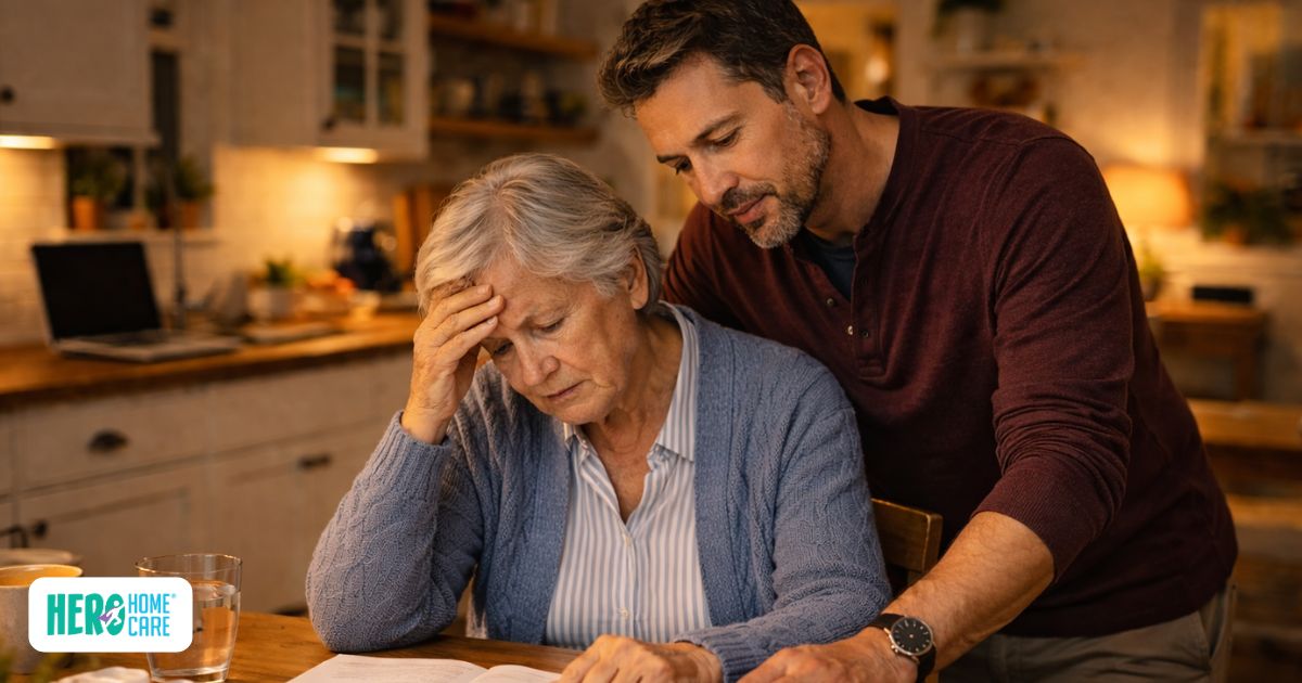 Family caregiver supporting senior parent with household tasks after work.