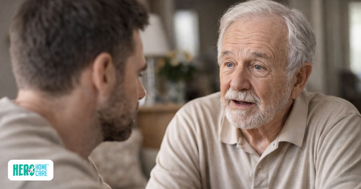 Elderly man explaining his perspective to his son in a moment reflecting how a parent refuses help