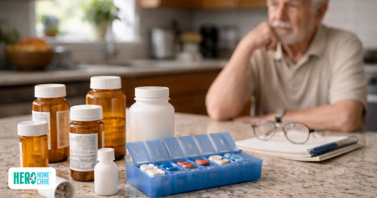 Medication bottles and weekly pill organizer on kitchen counter highlighting safety concerns in accepting home care 