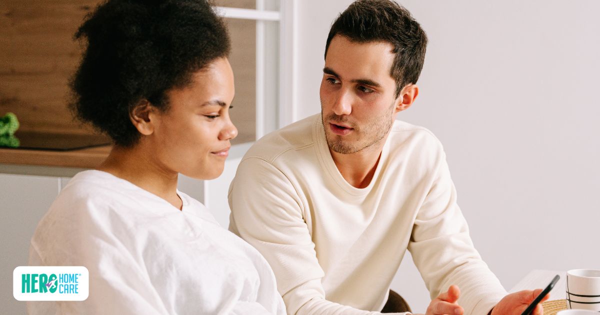 Brother and sister discussing how to share caregiving duties at home