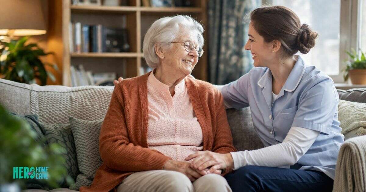 A caregiver and an elderly woman smiling together on a couch, representing the companionship and safety that allows seniors to stay at home longer.