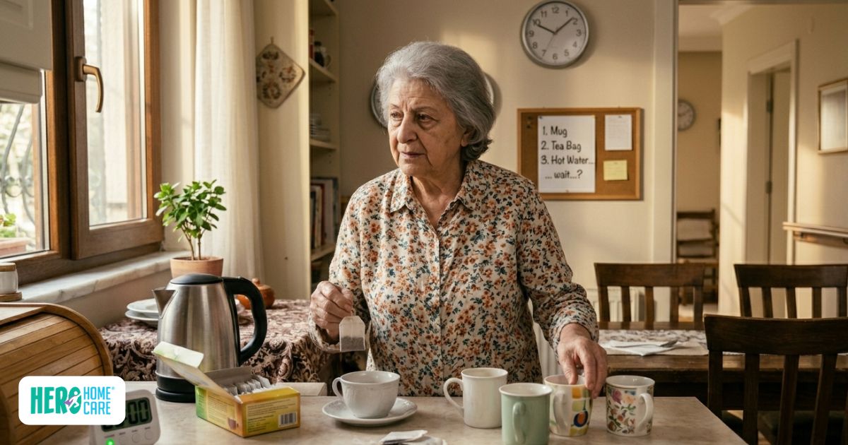 An elderly woman appears confused in her kitchen while trying to make tea with several mugs on the counter and a reminder note on the wall, raising the question of can a senior with early dementia live alone safely.
