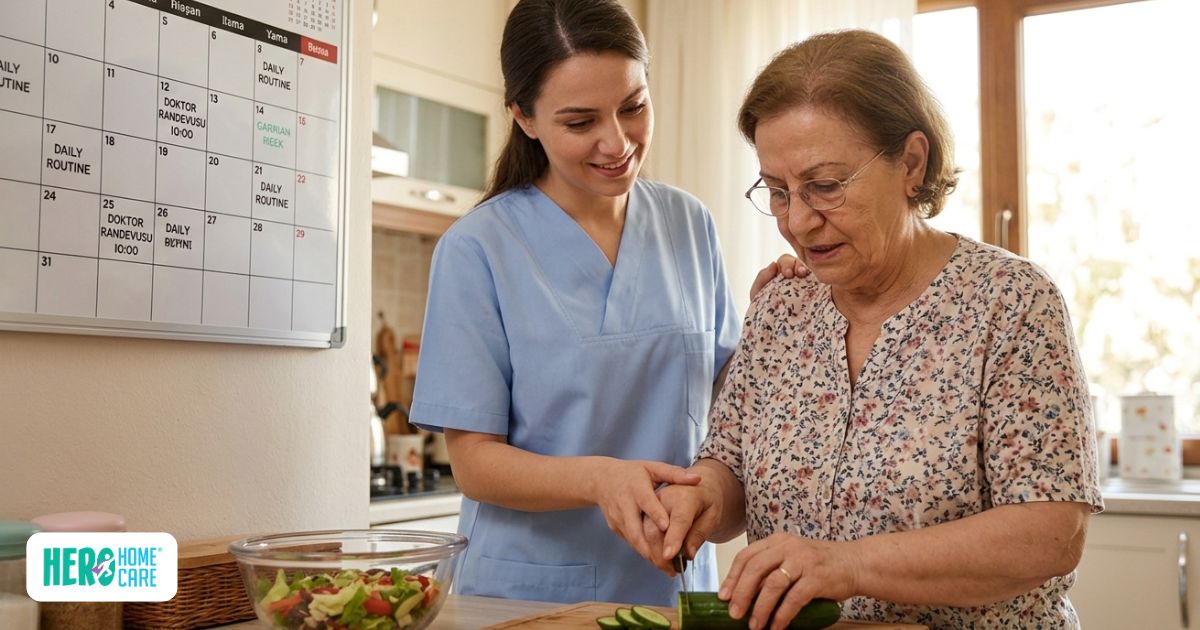 A professional caregiver in blue scrubs assists an elderly woman with chopping vegetables in a kitchen, demonstrating how home care in the early stages of dementia can support daily living activities.