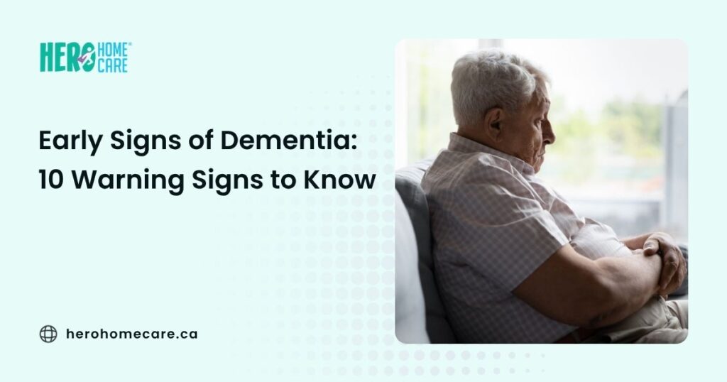 An elderly man sits contemplatively on a couch next to text explaining the early signs of dementia and 10 warning signs to know.