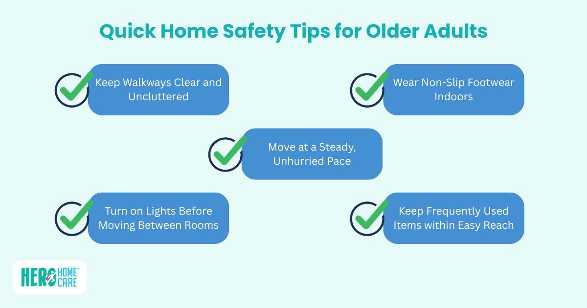 Infographic of essential home safety tips for seniors, focusing on safe movement and accessibility
