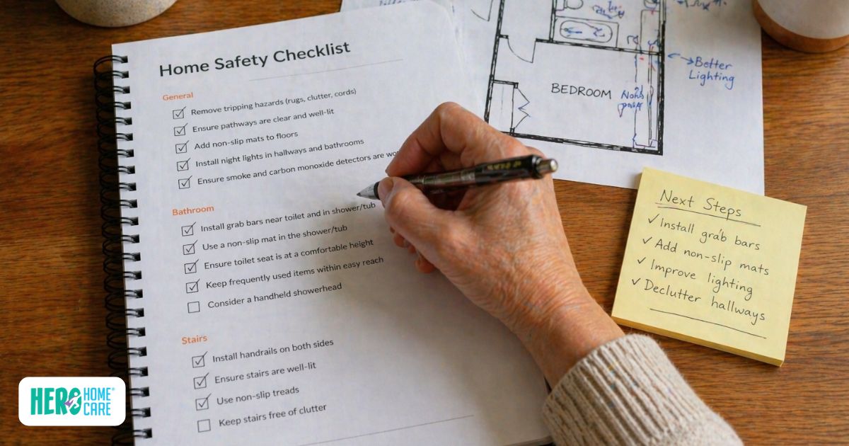 Checklist for home safety for seniors, highlighting practical steps to reduce fall risks and hazards