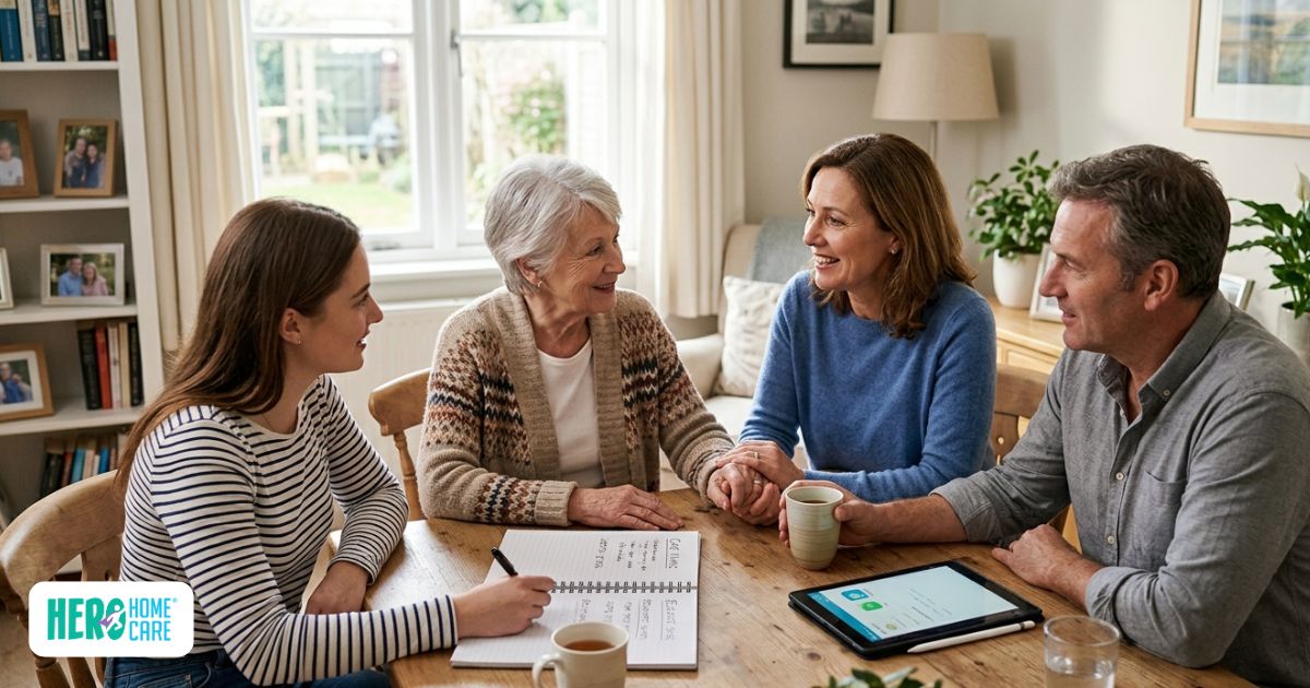A group of four family members engage in a supportive conversation, illustrating the proactive steps of how families can start planning early support to manage the future challenges of dementia together.