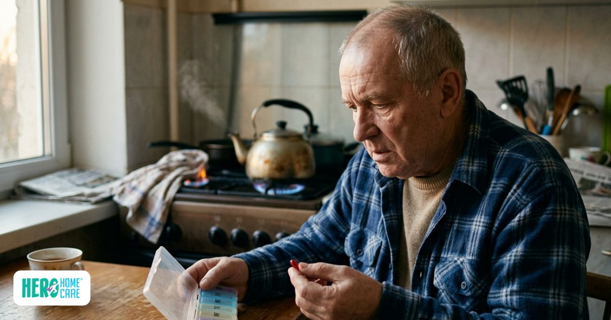 An elderly man sits at a kitchen table looking uncertainly at his medication organizer while a kettle boils on a gas stove behind him, illustrating how early dementia affects safety.