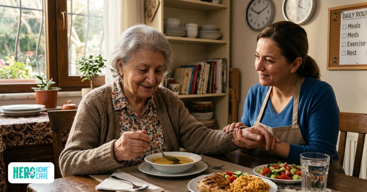 A caregiver sits at a dining table offering comfort and companionship to an elderly woman eating a nutritious meal, perfectly demonstrating how to support personal care, meals, and daily routines during recovery.