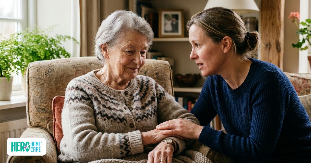  A woman sits closely and holds her elderly mother's hand while having a serious discussion, illustrating how to talk to a parent or loved one about memory concerns.