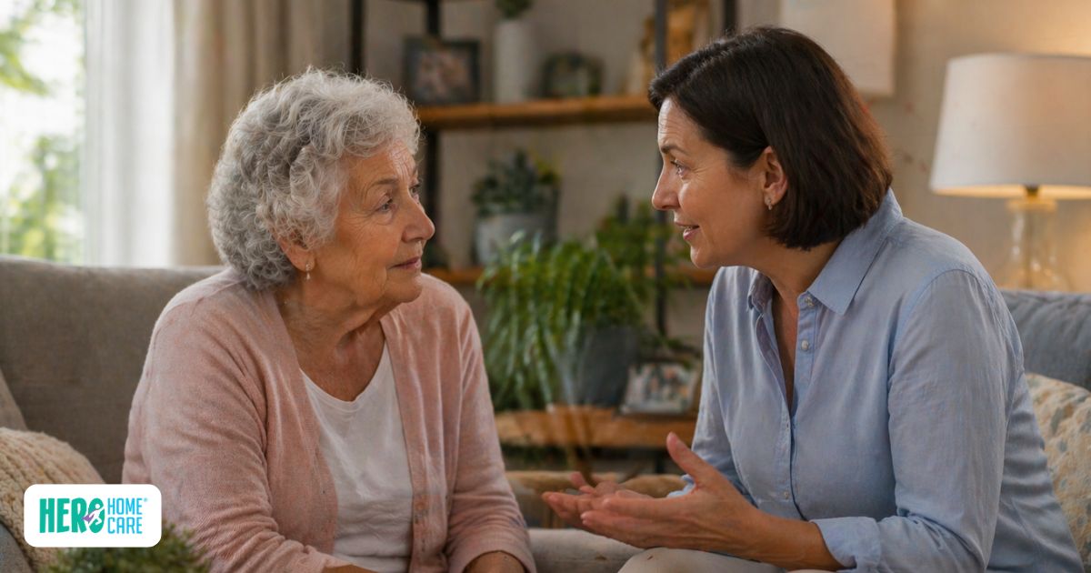 Caregiver speaking with an older parent about taking medication, demonstrating a supportive and understanding approach