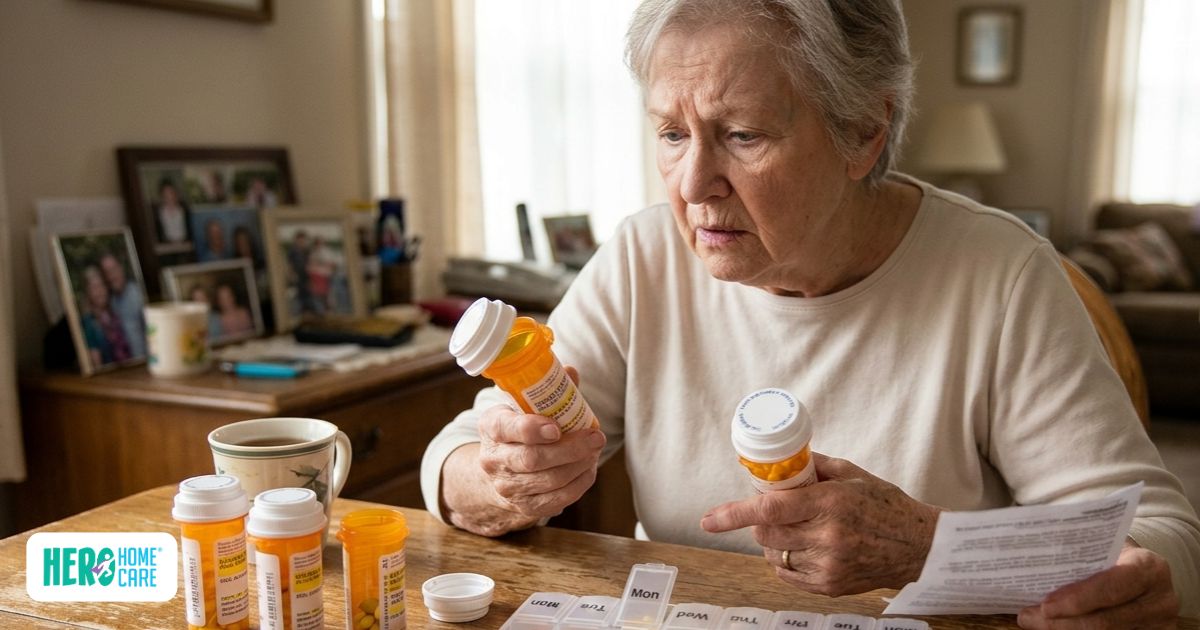 A senior woman appearing overwhelmed while trying to organize several medication bottles, capturing one of the early signs a senior can’t live alone safely.