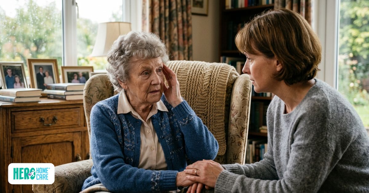 A younger woman comforts an elderly woman who looks confused during a discussion, illustrating symptoms of dementia like problems with speaking or following conversations.